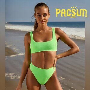 NWOT LA Hearts PacSun Green Bianca Scrunch Square Neck, High Cut Bikini Set L,XL